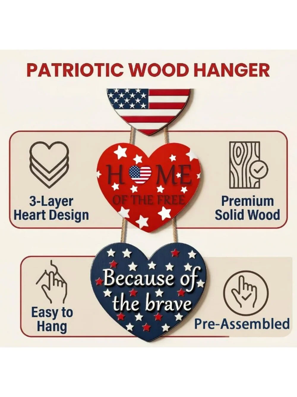 Patriotic 4th of July Door Sign - American Flag Heart Wreath for Indoor/Outdoor